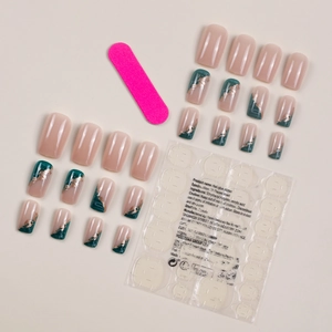 Green marble and gold foil press-on nails set with adhesive tabs and a pink nail file