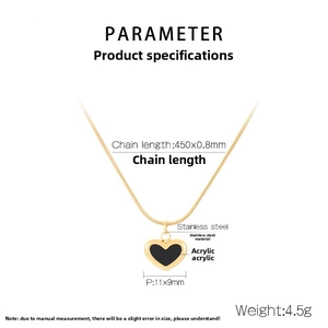 Detailed specifications of gold heart necklace with black acrylic pendant and chain size