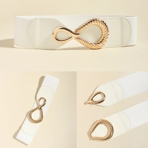 White elastic waist belt featuring a gold infinity symbol buckle and leather accents