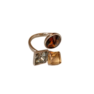 Gold-plated open ring featuring asymmetric round and square colorful zircon stones