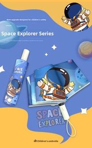 Detail of space explorer kids umbrella with astronaut prints and safe folding mechanism