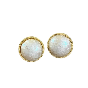 Elegant gold-trimmed pearl button stud earrings for women featuring white resin textures