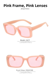 Pink rectangular retro sunglasses with side rivet details in front and side views