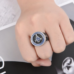 Men's retro stainless steel Freemason ring with blue enamel and G compass symbol