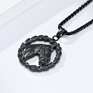 Retro stainless steel horse head pendant necklace with black pearl chain on white background