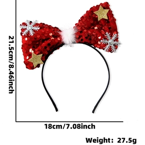 Christmas headband with red sequin bow, golden stars and silver snowflakes decor