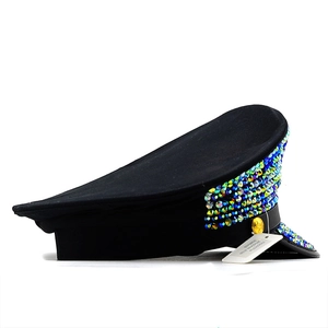 Flat top captain hat for women with sparkling colorful rhinestones and gold button accents