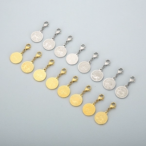 Stainless Steel Zodiac Sign Pendants Engraved Constellation Round Coin Charms With Lobster Clasp For DIY Jewelry Making