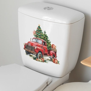 Self-adhesive red Christmas truck and tree toilet lid sticker for festive home decoration