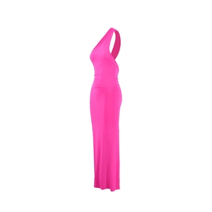 Detail view of pink one-shoulder bodycut dress with side cutout and ruching