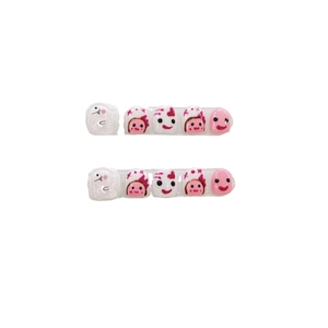 Kids waterproof press-on nails with cute pink cartoon faces and glossy resin finish