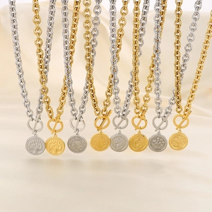Gold and silver stainless steel chain necklaces with coin pendants and OT buckles