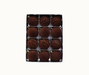 Set of 12 brown flocked Christmas balls featuring textured and smooth matte finishes