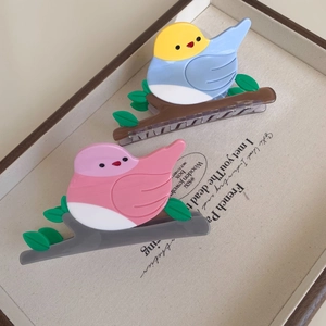 Cute bird-shaped acetate hair claw clips in blue and pink on a textured tray
