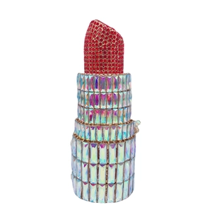 Lipstick Shaped Evening Clutch Bag Alloy Metal Rhinestone Crystal Luxury Party Purse With Detachable Chain