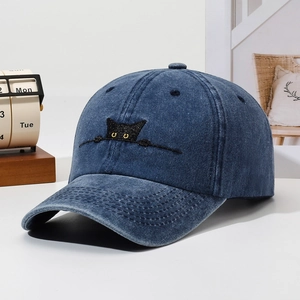 Cat Embroidery Washed Baseball Cap Adjustable Dad Hat Sun Protection Breathable Outdoor Sport Retro Cartoon Headwear