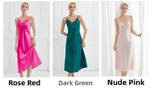 Detailed look at elegant satin nightgowns with lace trim in fuchsia, dark green, and pink