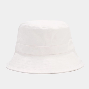 Detail of parallel stitching lines on the brim of a white cotton twill bucket hat