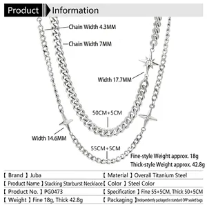 Titanium steel star pendant necklaces in different chain widths with specific dimensions