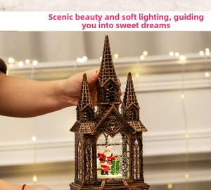 Close-up of a bronze Gothic castle Christmas lantern with Santa Claus and snow inside