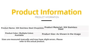 Detailed chart showing 304 stainless steel chopstick dimensions and material specs