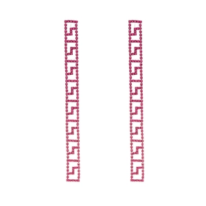 Sparkling long tassel earrings featuring pink rhinestones and a geometric Greek Key pattern