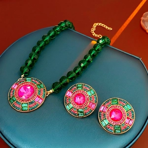 Vintage jewelry set with green beaded necklace and colorful rhinestone round earrings