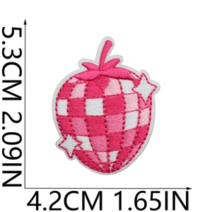 Detailed strawberry embroidery patch dimensions 5.3cm x 4.2cm with grid disco pattern