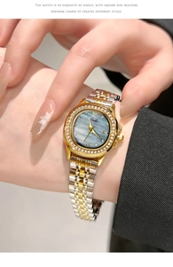Close-up of Gedi women's luxury watch featuring mop dial and crystal bezel on wrist