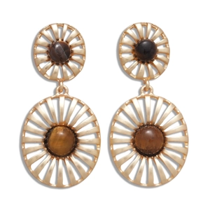 Vintage gold hollow earrings with oval tiger eye stones for women on white background
