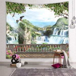 Detail view of wall hanging tapestry showing cascading waterfalls and mountain peaks