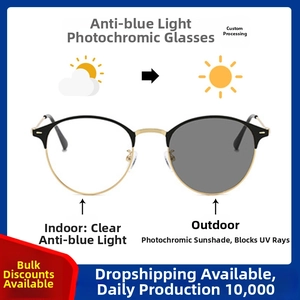 Detail of photochromic anti-blue light glasses with classic semi-rimless black and gold frame