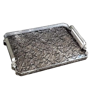 Rectangular acrylic tray with black water ripple texture and silver metal handles