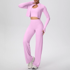 Détails de l'ensemble de yoga rose clair avec veste zippée et pantalon large fluide