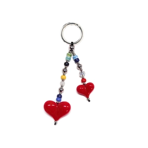 Beaded heart keychain with red charms and colorful beads for bags and accessories