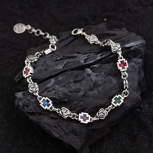 Vintage silver rose and colorful cross rhinestone bracelet for women in a chic punk style