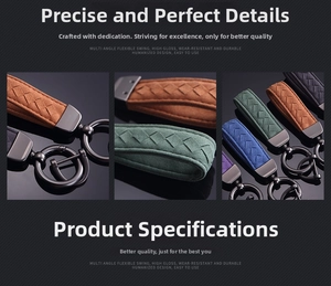 Detail of woven suede car keychains in multiple colors with grey metal D-rings