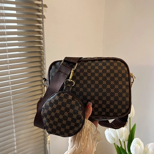 Vintage Monogram Crossbody Bag And Detachable Round Pouch PU Leather Wide Strap Shoulder Camera Purse Women Casual