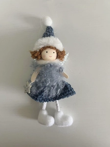 Detail of Christmas angel ornament featuring a knit hat and gray-blue faux fur dress