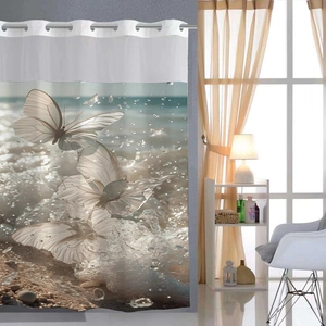 Detail showing 3D butterfly print and grommet top on waterproof shower curtain fabric