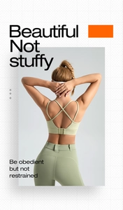 Detail view of the back criss-cross straps and clasp closure on the light green sports bra