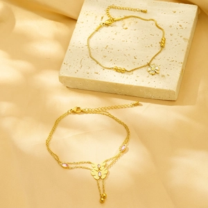 Stainless Steel Bracelet White Shell Clover Butterfly Zircon Double Layer Chain Jewelry For Women Elegant Sweet Style