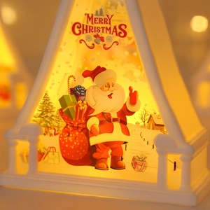 White LED Christmas lantern with warm light and festive Santa Claus patterns