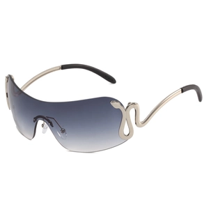 Silver Y2K snake wrap sunglasses with gray gradient lenses and metallic frame details