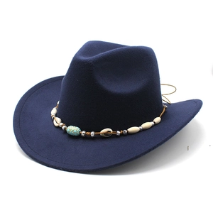 Ethnic navy felt cowboy hat with handmade shell beads and bohemian braided band