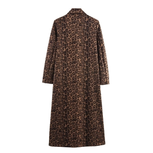 Long leopard print double-breasted trench coat in faux suede, view from the back