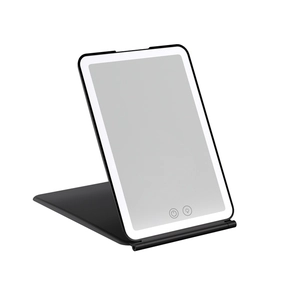 Portable LED makeup mirror with folding stand and adjustable brightness on white background