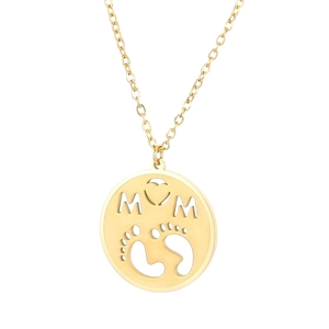 Gold stainless steel MOM necklace featuring a heart and baby footprints hollow pendant