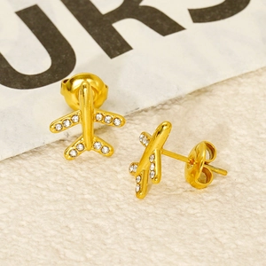 Chic 18K gold plated stainless steel airplane stud earrings with sparkling crystals