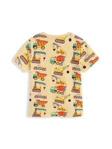 Beiges Baumwoll-T-Shirt für Jungen mit bunten Cartoon-Baustellenfahrzeug-Mustern